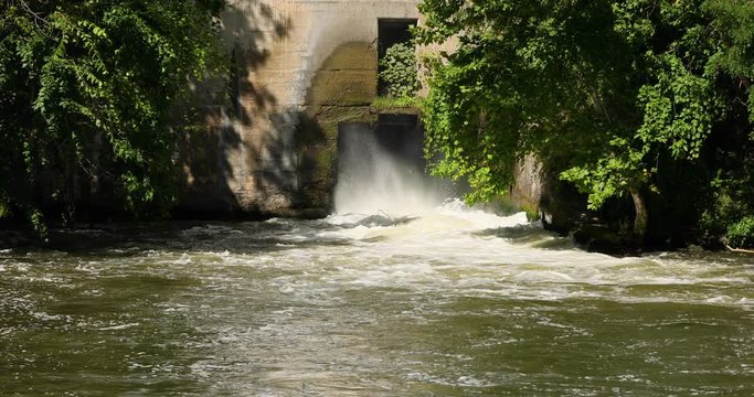 Erie Canal bypass power house electrical generator. Pioneer engineering wonder. 363 miles long man made waterway built in 1817. Transport of cargo from eastern ports and cities.