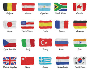 Vector flags collection of different countries with realistic wavy textile texture. Official national flags set with names.