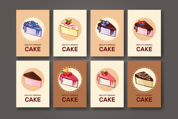 Templates with different kinds of dessert: cake, pie. For your design, announcements, postcards, posters, restaurant menu. Template with different desserts with fruits. Vector.