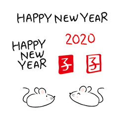 Happy New Year 2020, hand drawn text and mouse illustrations set, Japanese Kanji NEDOSHI stamp