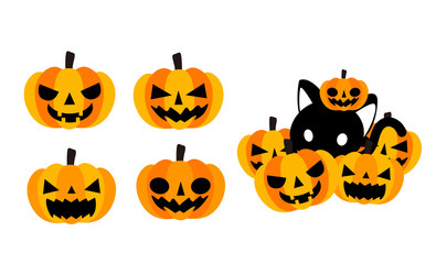 ハロウィン素材・かぼちゃのお化け・ジャック・オー・ランタンと黒猫のイラストアイコン素材