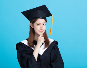 Happy asian female graduate student isolated