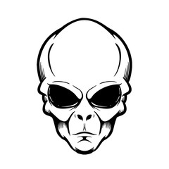 Illustration of alien head isolated on white. Design element for logo, label, sign, poster, flyer. Vector illustration