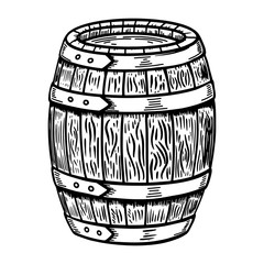 Illustration of wooden barrel isolated on white. Design element for logo, label, sign, poster, flyer. Vector illustration