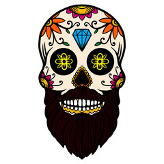 Hand drawn mexican bearded sugar skull isolated on white background. Design element for poster, card, banner, t shirt, emblem, sign. Vector illustration