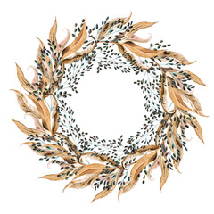 Beautiful watercolor wedding  wreath with peony leaves and berries. 