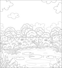 Fototapeta na wymiar Small picturesque pond on a meadow with flowers on a pretty summer day, black and white outline vector illustration in a cartoon style for a coloring book