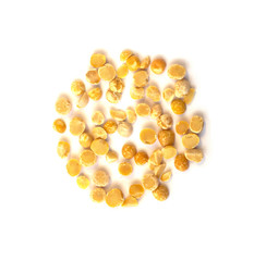 Split pea seeds pile. Raw food isolated on white