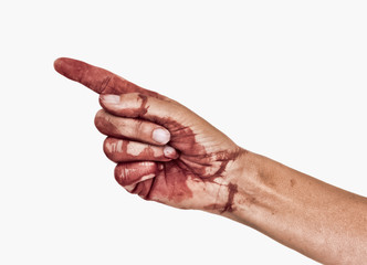 Bloody hand, pointing, blame or accusation, isolated on white. Female.