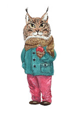Hand drawn watercolor illustration with cute lynx. Colorful Christmas character with Christmas decoration.
