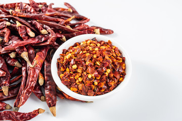 a plate of paprika and red dried chili on a white background