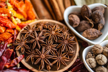 A plate of Chinese cuisine commonly used spicy cooking spices, octagonal close-up