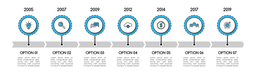 Business infographic with 7 options. Simple timeline. Vector