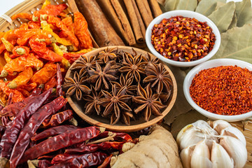 Fototapeta na wymiar A plate of Chinese food commonly used spicy cooking seasoning spices on a white background