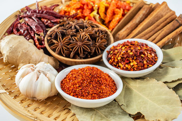 A plate of Chinese food commonly used spicy cooking seasoning spices on a white background