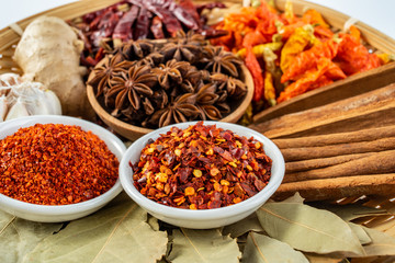 A plate of Chinese food commonly used spicy cooking seasoning spices on a white background