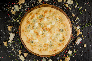 Pizza with different types of cheeses. Cheese pizza