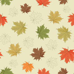 Fototapeta premium Seamless pattern with flying maple leaves and their outlines on a green background.