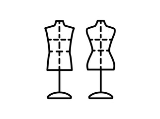 Male & female dressmaking mannequin with base stand & sewing markings. Sign of tailor dummy. Display model, body. Professional dress form. Line icon. Vector illustration