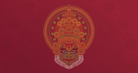 Happy Onam Kathakali line art illustration on burgundy red background with ornament