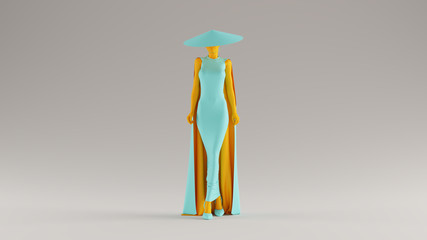 Gulf Blue Turquoise and Orange Asian Demon Assassin in a Tight Dress Cape and Conical Hat Evil Spirit Front View
