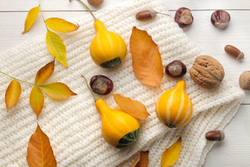 Autumn composition with decorative pumpkins and yellow leaves and a warm scarf. autumn time. on a white wooden table. view over...