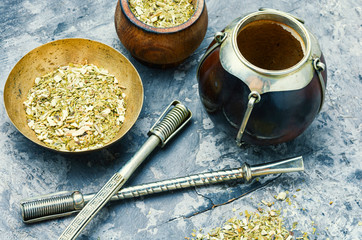 Yerba mate tea in a calabash gourd