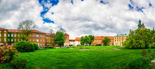 Fototapeta premium Grass lawn in Wawel castle, panoramic view