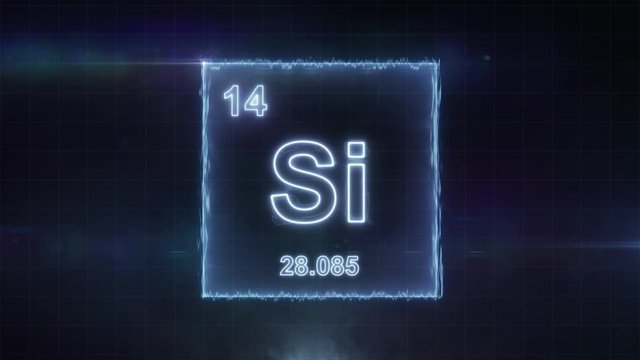 Silicon - periodic table element symbol hologram glowing on dark background in 4K