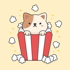 Vector character of cute cat in a popcorn bucket