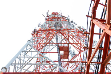 Telecommunication tower mast TV antennas wireless technology with white background.