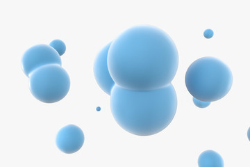 Blue spheres and molecular model, random distributed, 3d rendering.