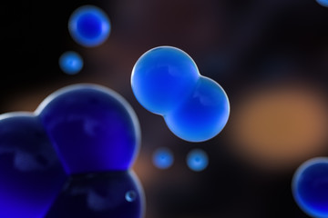 Blue spheres and molecular model, random distributed, 3d rendering.