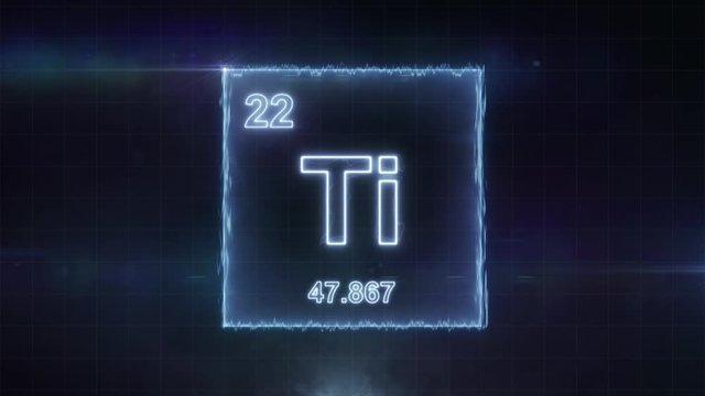 Titanium - periodic table element symbol hologram glowing on dark background in 4K