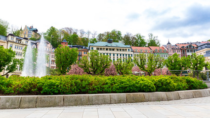Building facades and fountain, Karlovy Vary