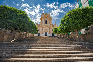 Panoramic view of the baroque church of S. Giovanni Evangelista, in the historic center of Modica...