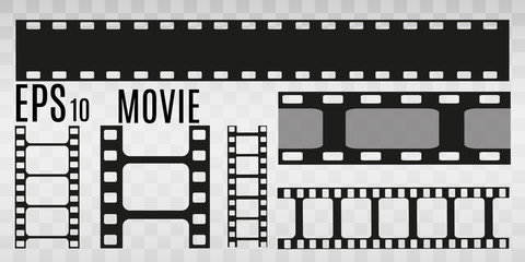 Set of film vector stripes isolated on transparent background.Film strip roll. Vector cinema background.