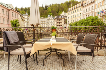 Cosy outdoor cafe with view on river, Karlovy Vary