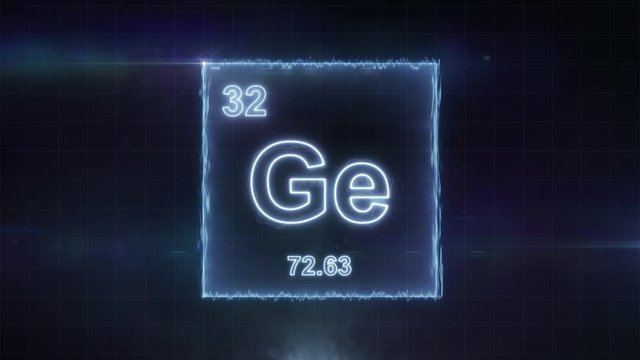 Germanium - periodic table element symbol hologram glowing on dark background in 4K