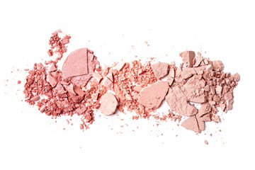 Various crushed blush over the white background. Make up artist, beauty salon, beauty blog