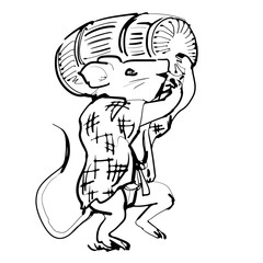 米俵を担ぐネズミ-白黒