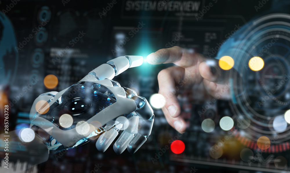 Fototapete robot hand and human hand touching digital graph interface 3d rendering