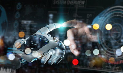 Robot hand and human hand touching digital graph interface 3D rendering