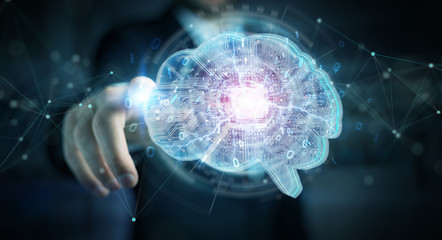 Fototapeta na wymiar Businessman creating artificial intelligence in a digital brain 3D rendering