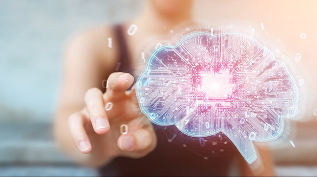 Businesswoman creating artificial intelligence in a digital brain 3D rendering