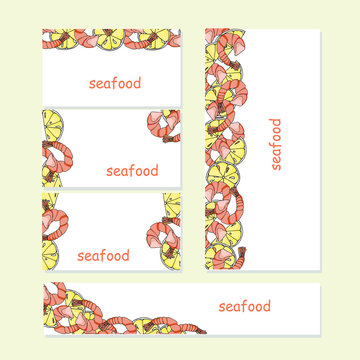 Seafood banners set. Pink shrimp yellow lemon slice watercolor hand drawn art design elements stock vector illustration for restaurant menu, for seafood flauer