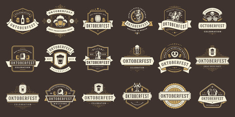 Oktoberfest badges and labels set vintage typographic design templates vector illustration.