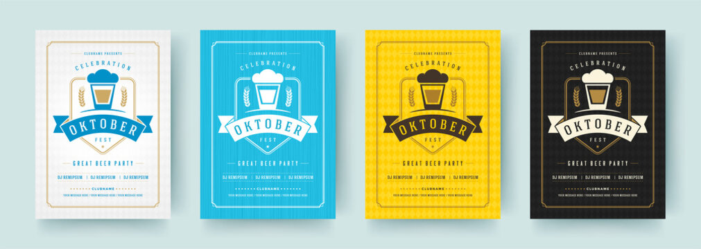 Oktoberfest flyers or posters retro typography emplates invitations beer festival celebration vector illustration