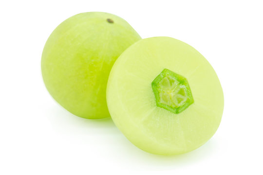 Slice Indian Gooseberry, Amla Green Fruits Isolated On White Background. With Clipping Path.