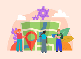 People stand near big map. Company location, contacts. Travel, tourism concept. Poster for social media, web page, banner, presentation. Flat design vector illustration